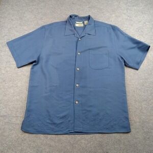 Cubavera Shirt Mens Large Blue Camp Short Sleeve Embroidered Hem Casual